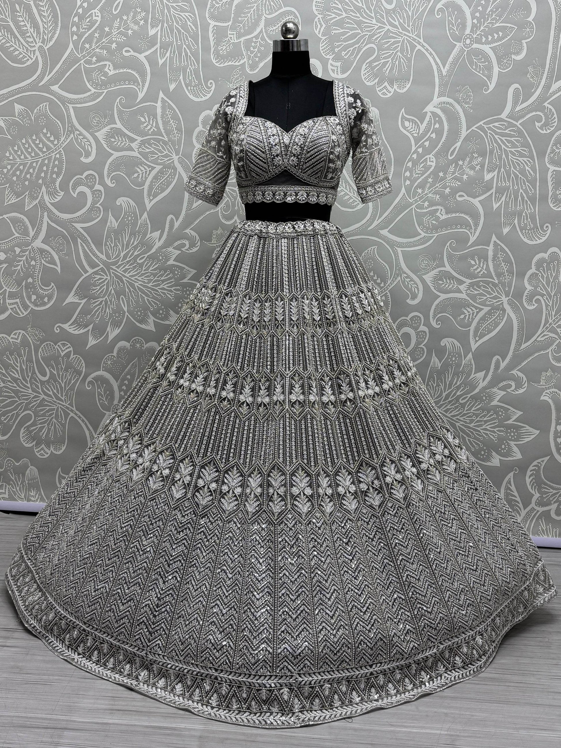 Wonderful Grey Hand Work Net Designer Lehenga Choli With Dupatta - Zeel Clothing