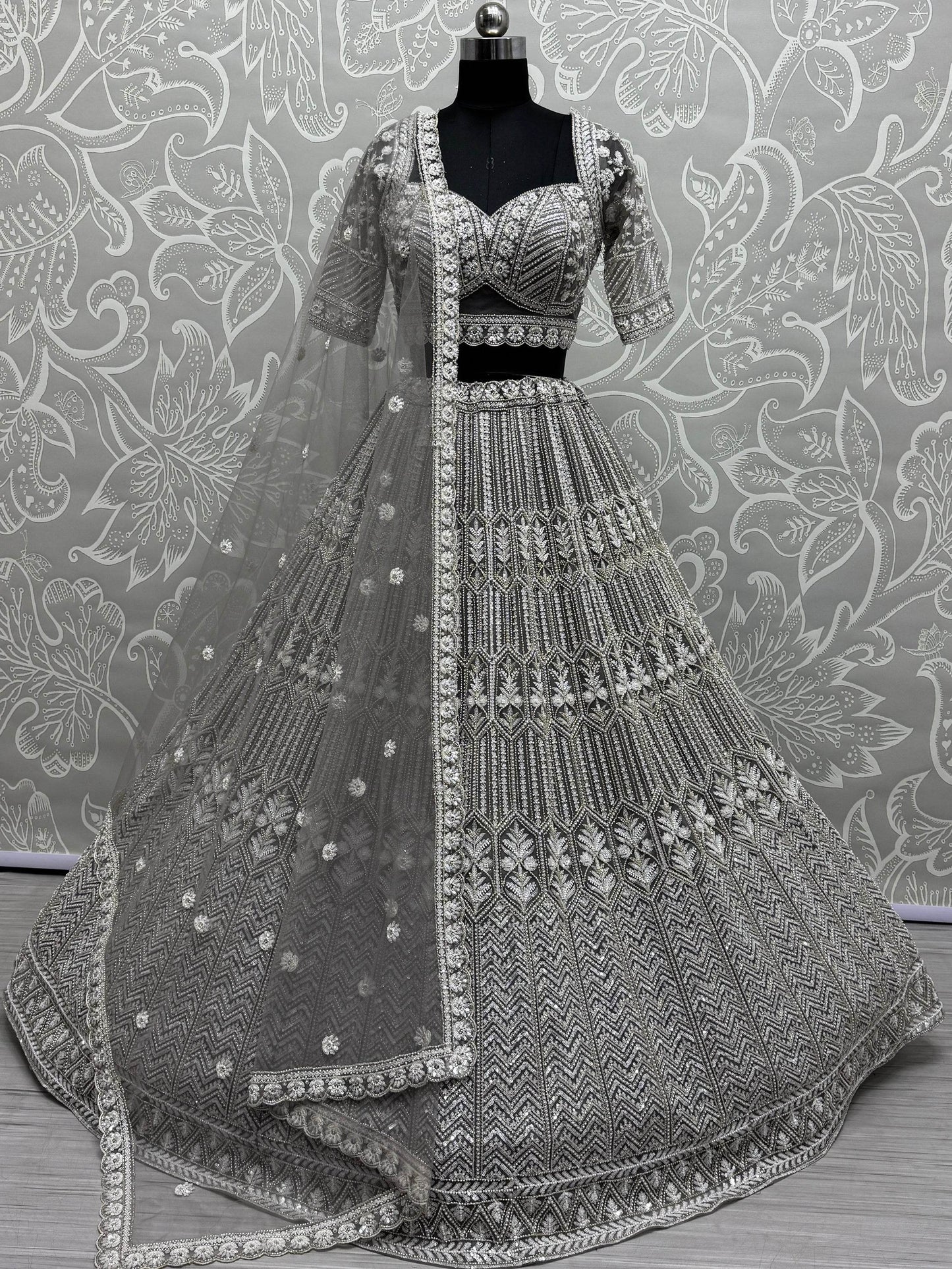Wonderful Grey Hand Work Net Designer Lehenga Choli With Dupatta - Zeel Clothing