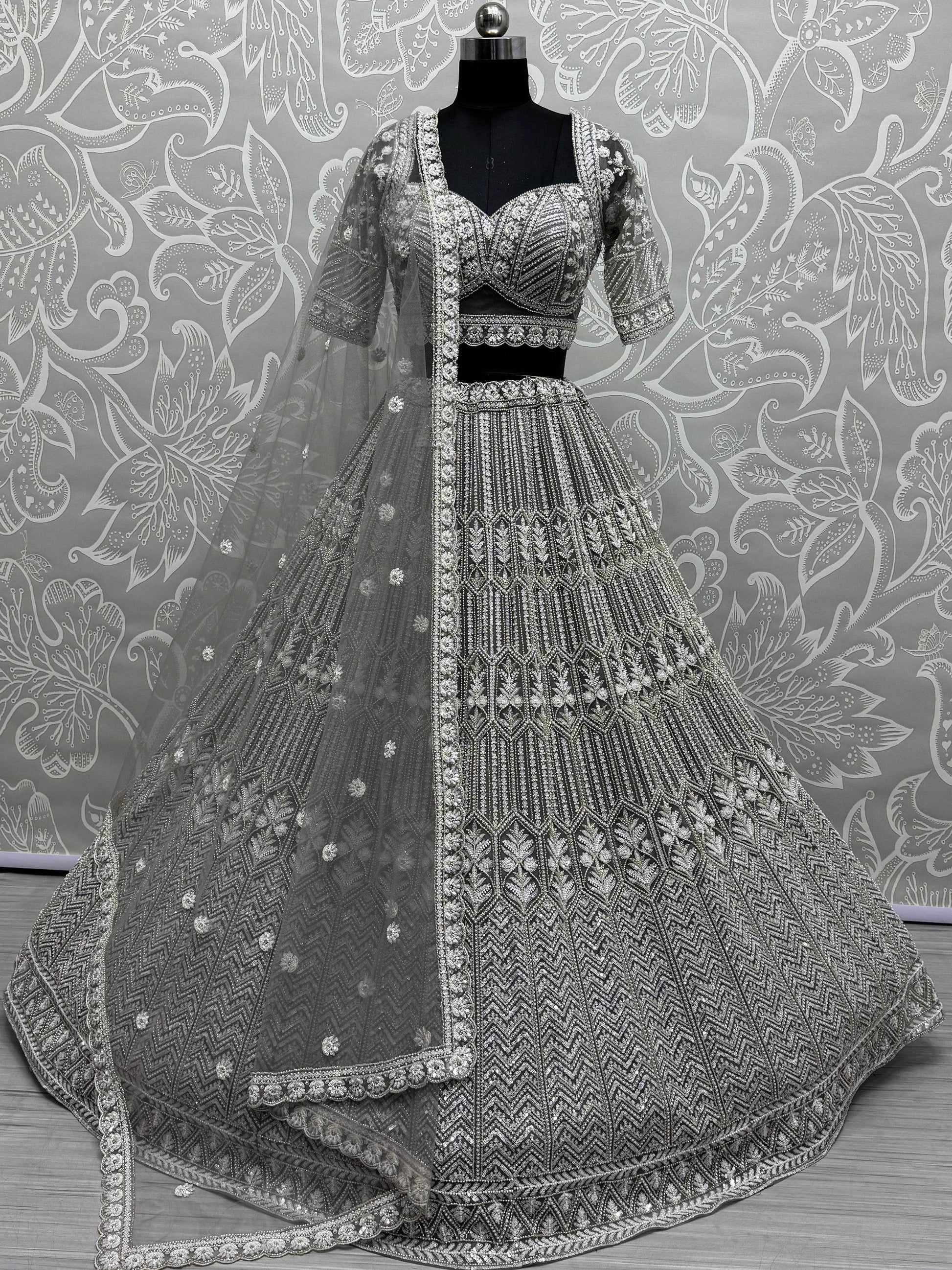 Wonderful Grey Hand Work Net Designer Lehenga Choli With Dupatta - Zeel Clothing