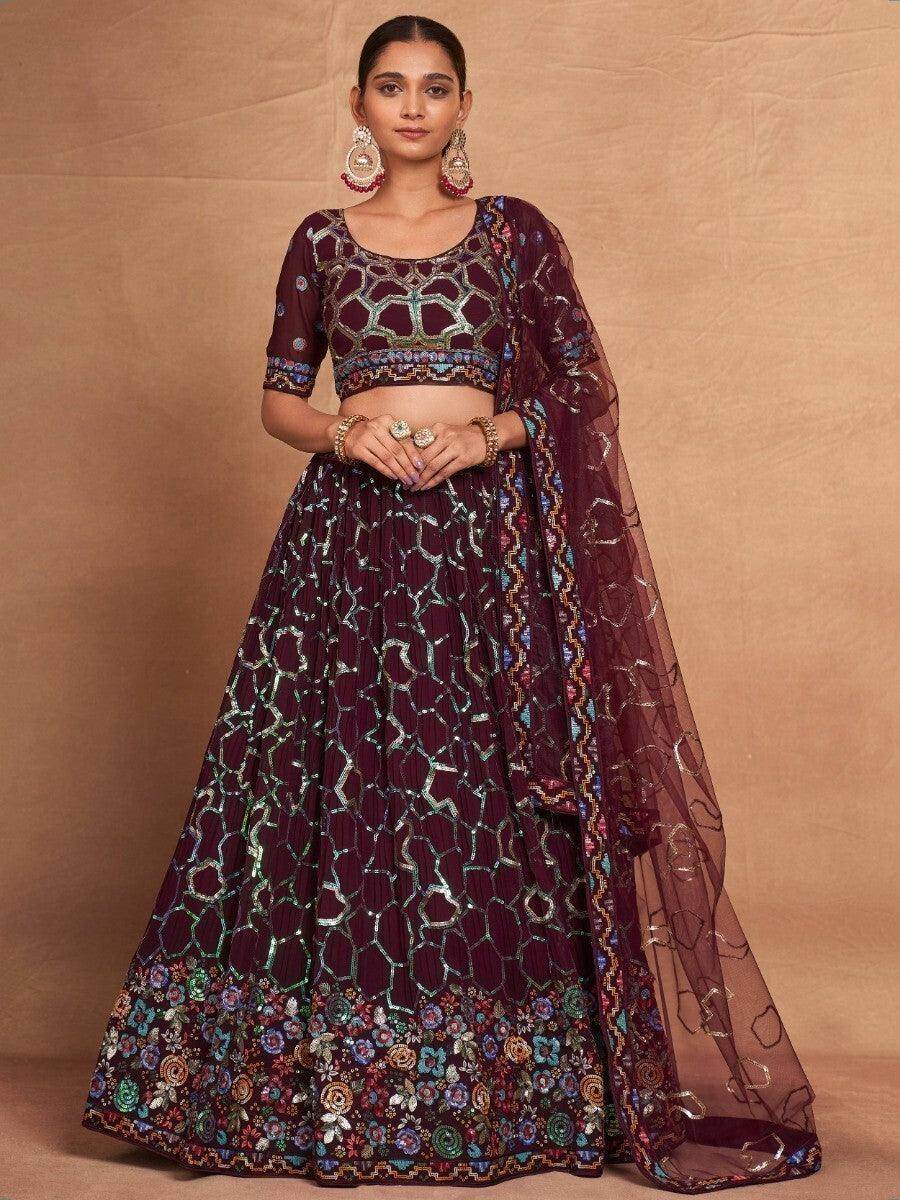 Wonderful Maroon Sequins Georgette Designer Lehenga Choli With Dupatta - Zeel Clothing