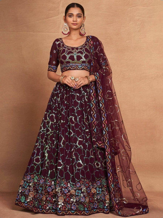 Wonderful Maroon Sequins Georgette Designer Lehenga Choli With Dupatta - Zeel Clothing