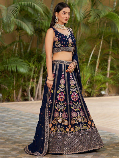 Wonderful Navy-Blue Multi-Thread Embroidered Georgette Lehenga Choli - Zeel Clothing