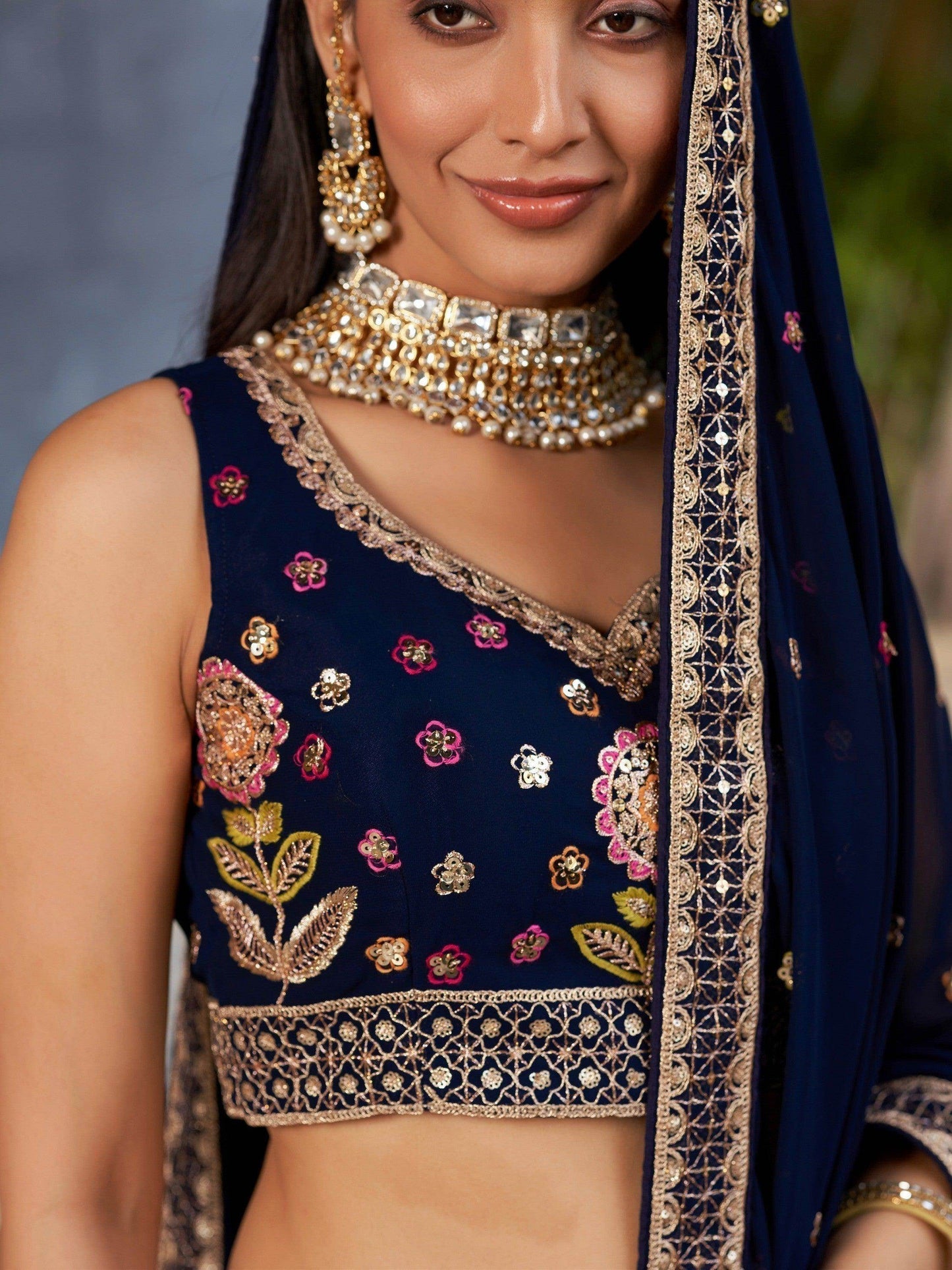 Wonderful Navy-Blue Multi-Thread Embroidered Georgette Lehenga Choli - Zeel Clothing
