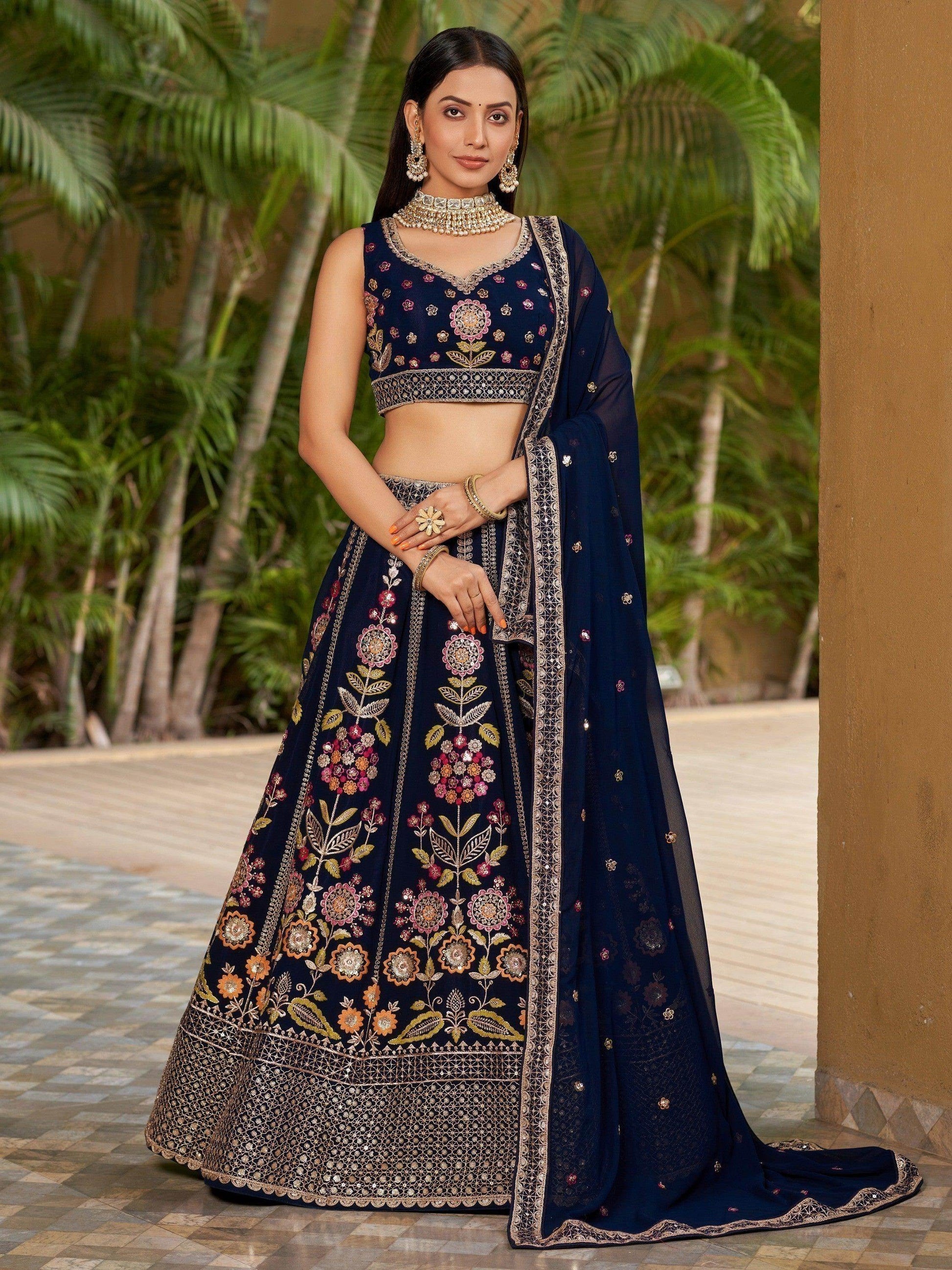 Wonderful Navy-Blue Multi-Thread Embroidered Georgette Lehenga Choli - Zeel Clothing