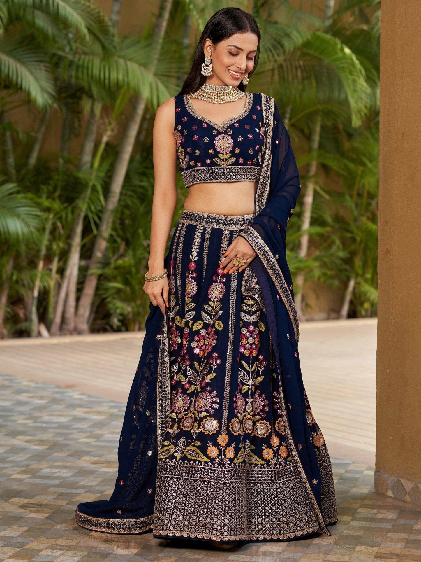 Wonderful Navy-Blue Multi-Thread Embroidered Georgette Lehenga Choli - Zeel Clothing