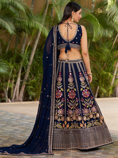 Wonderful Navy-Blue Multi-Thread Embroidered Georgette Lehenga Choli - Zeel Clothing