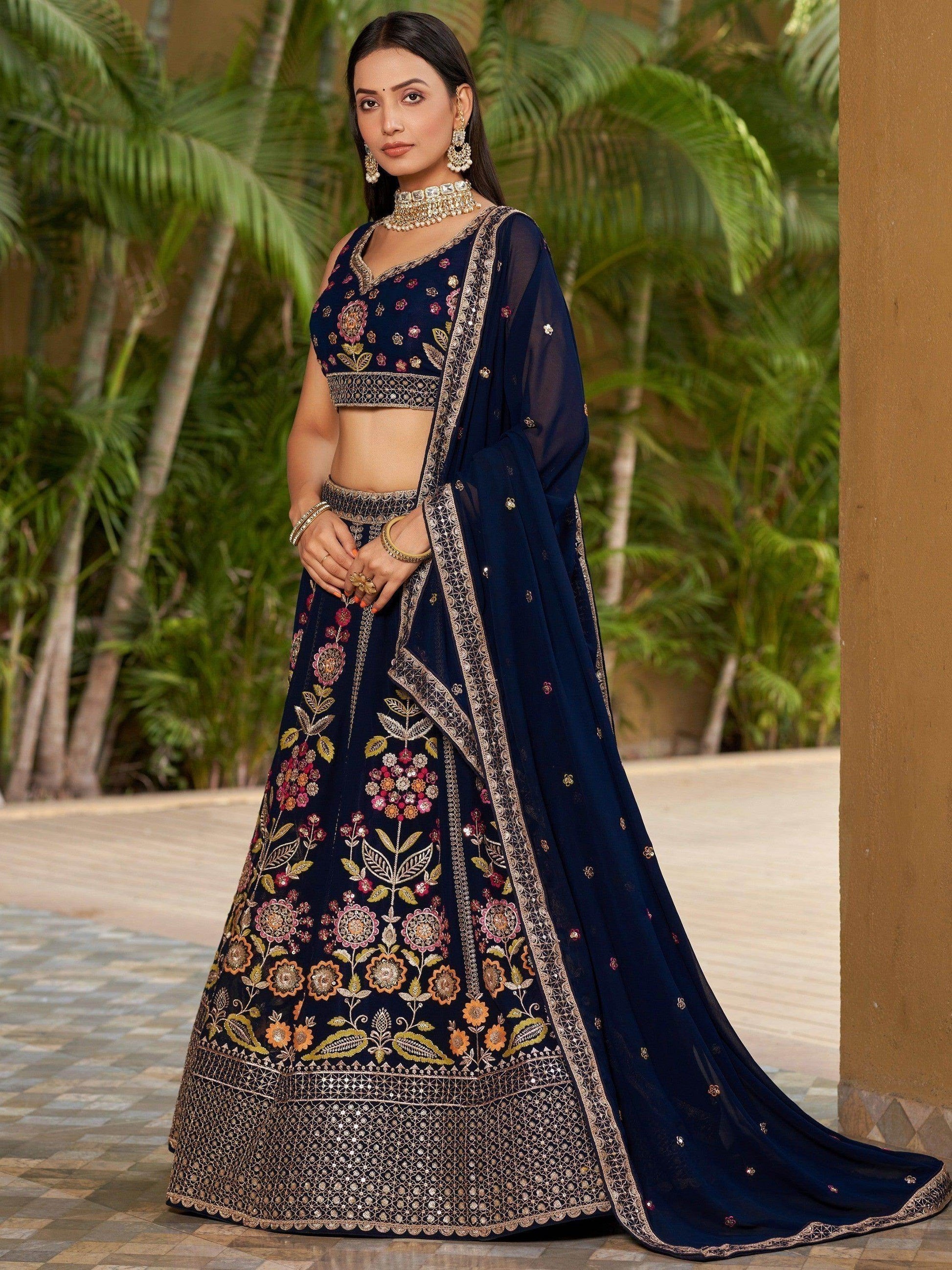 Wonderful Navy-Blue Multi-Thread Embroidered Georgette Lehenga Choli - Zeel Clothing