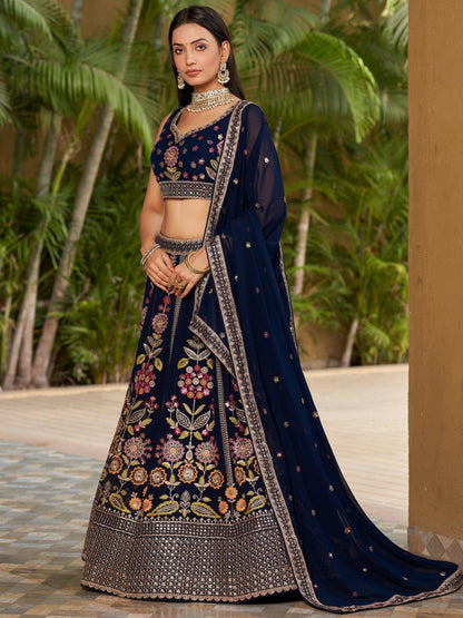 Wonderful Navy-Blue Multi-Thread Embroidered Georgette Lehenga Choli - Zeel Clothing