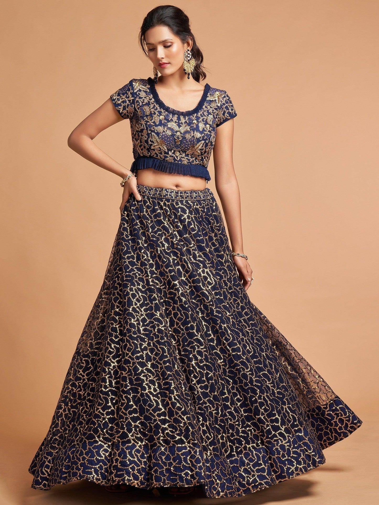 Wonderful Navy Blue Thread Embroidered Net Party Wear Lehenga Choli - Zeel Clothing