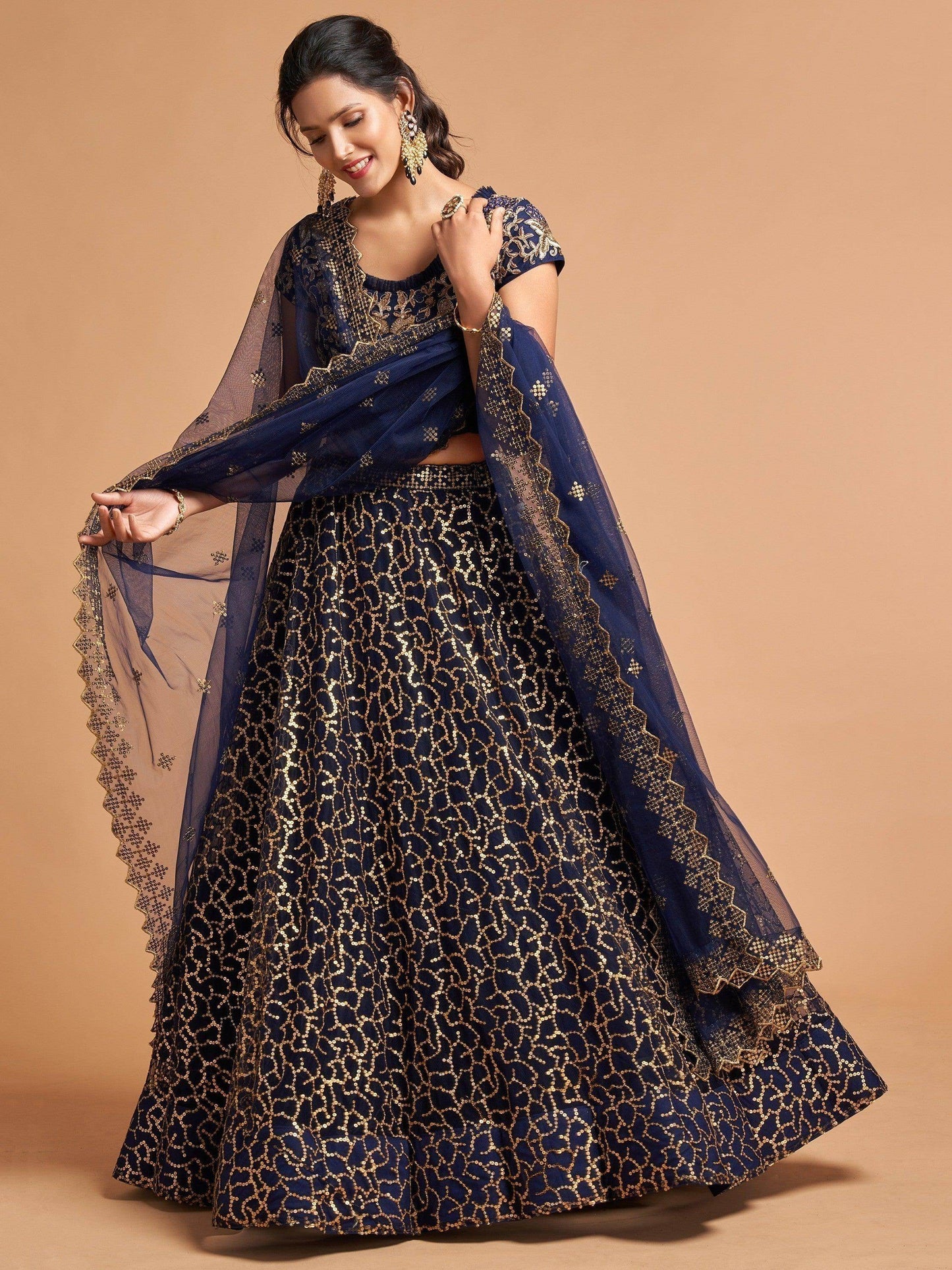 Wonderful Navy Blue Thread Embroidered Net Party Wear Lehenga Choli - Zeel Clothing