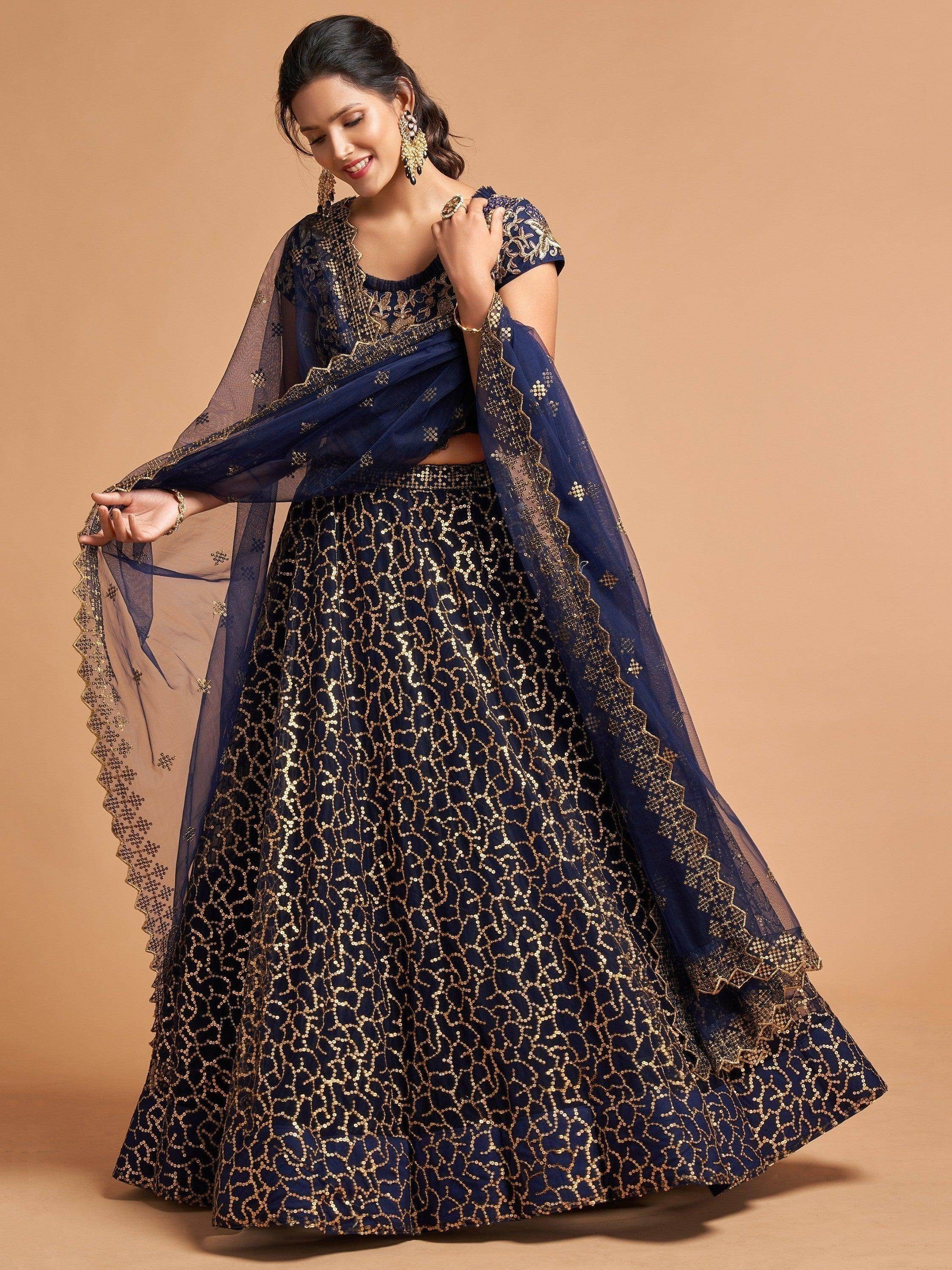 Wonderful Navy Blue Thread Embroidered Net Party Wear Lehenga Choli - Zeel Clothing