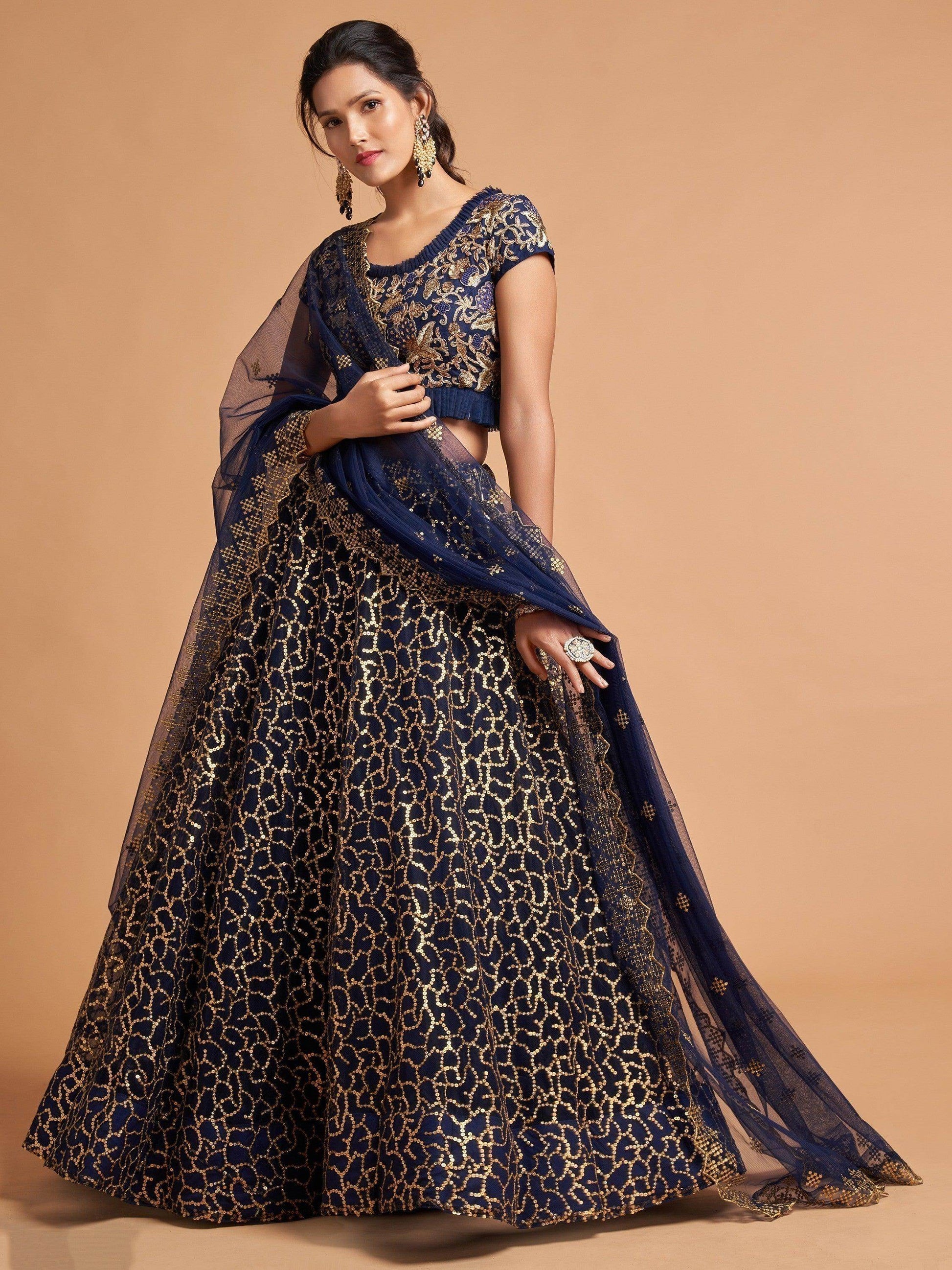 Wonderful Navy Blue Thread Embroidered Net Party Wear Lehenga Choli - Zeel Clothing