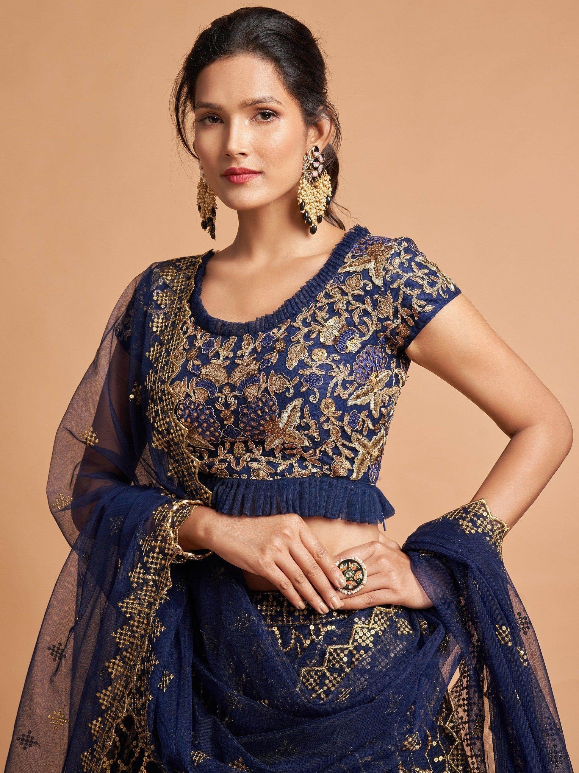 Wonderful Navy Blue Thread Embroidered Net Party Wear Lehenga Choli - Zeel Clothing