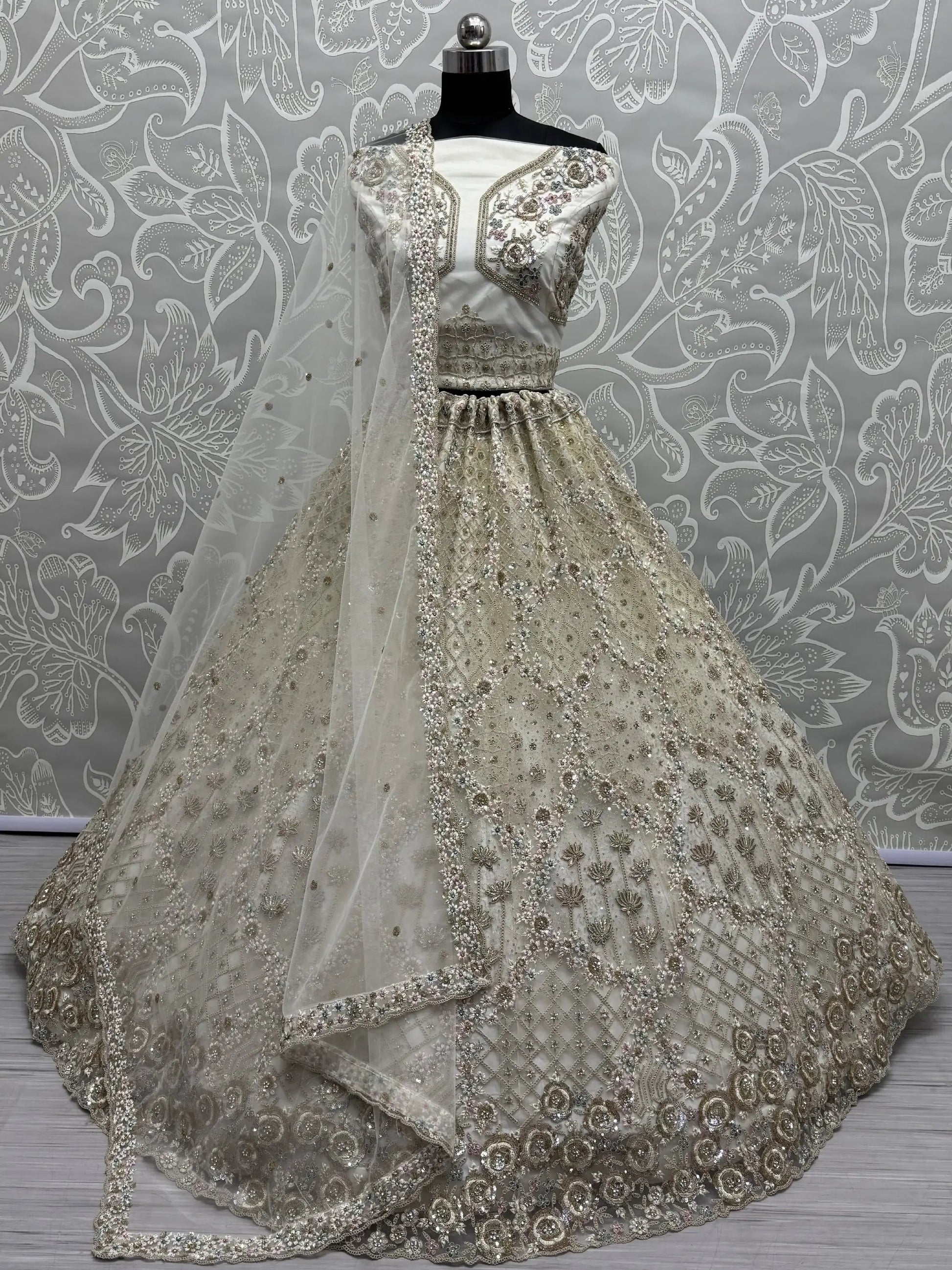 Wonderful Off-White Zirkon Work Net Bridesmaid Lehenga Choli With Dupatta - Zeel Clothing