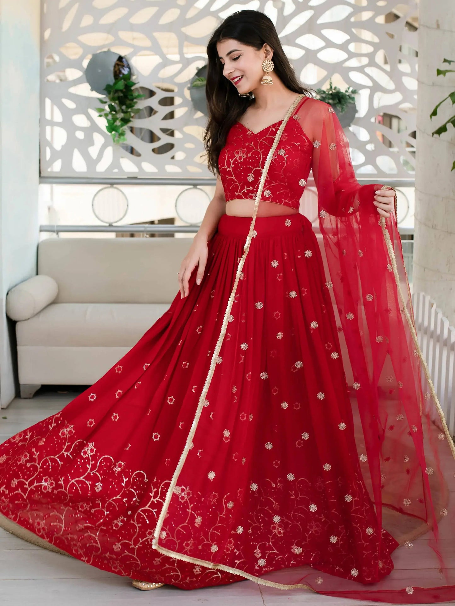 Wonderful Red Sequin Georgette Reception Wear Designer Lehenga Choli - Zeel Clothing