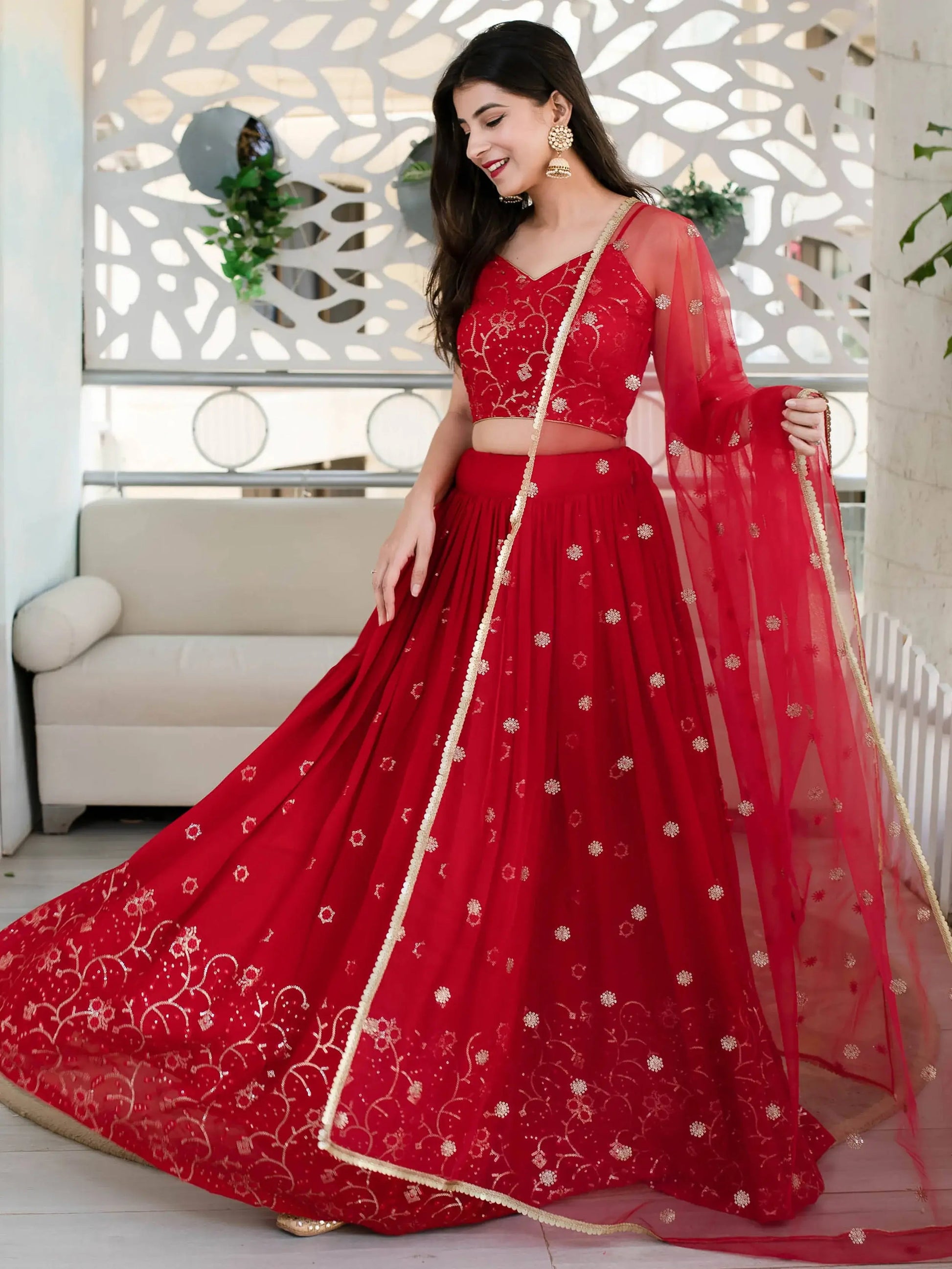 Wonderful Red Sequin Georgette Reception Wear Designer Lehenga Choli - Zeel Clothing