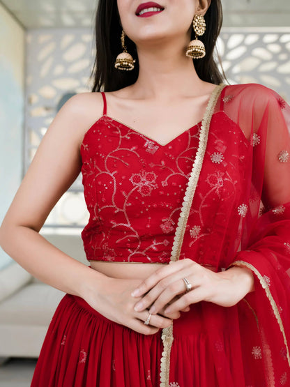 Wonderful Red Sequin Georgette Reception Wear Designer Lehenga Choli - Zeel Clothing