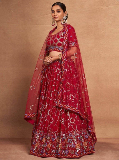 Wonderful Red Sequins Georgette Wedding Wear Lehenga Choli With Dupatta - Zeel Clothing