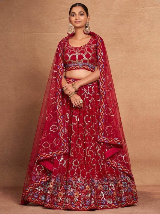 Wonderful Red Sequins Georgette Wedding Wear Lehenga Choli With Dupatta - Zeel Clothing