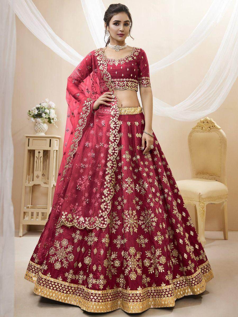 Wonderful Red Zari Work Art Silk Wedding Wear Lehenga Choli - Zeel Clothing