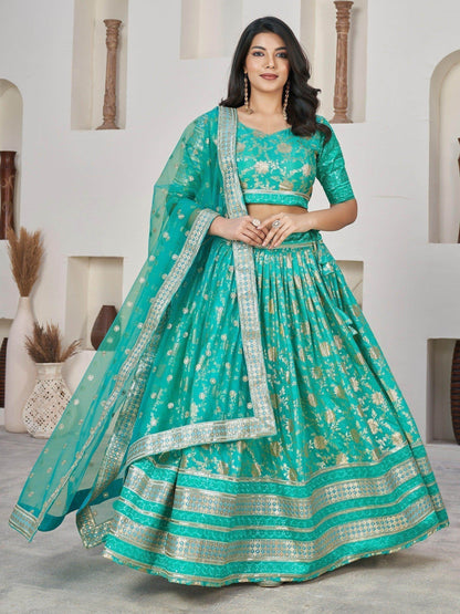 Wonderful Sea Green Zari Work Jacquard Sangeet Wear Lehenga Choli - Zeel Clothing