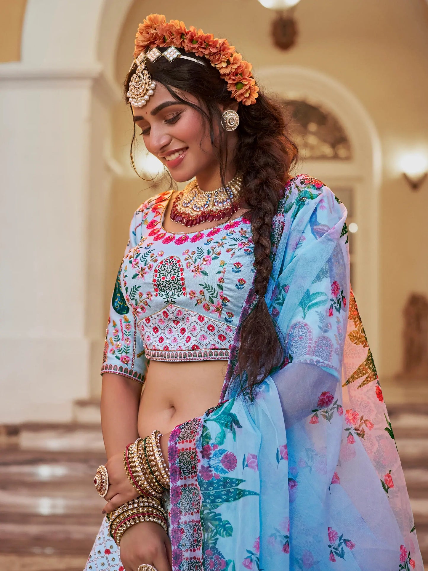 Wonderful Sky-Blue Printed Art Silk Traditional Lehenga Choli - Zeel Clothing