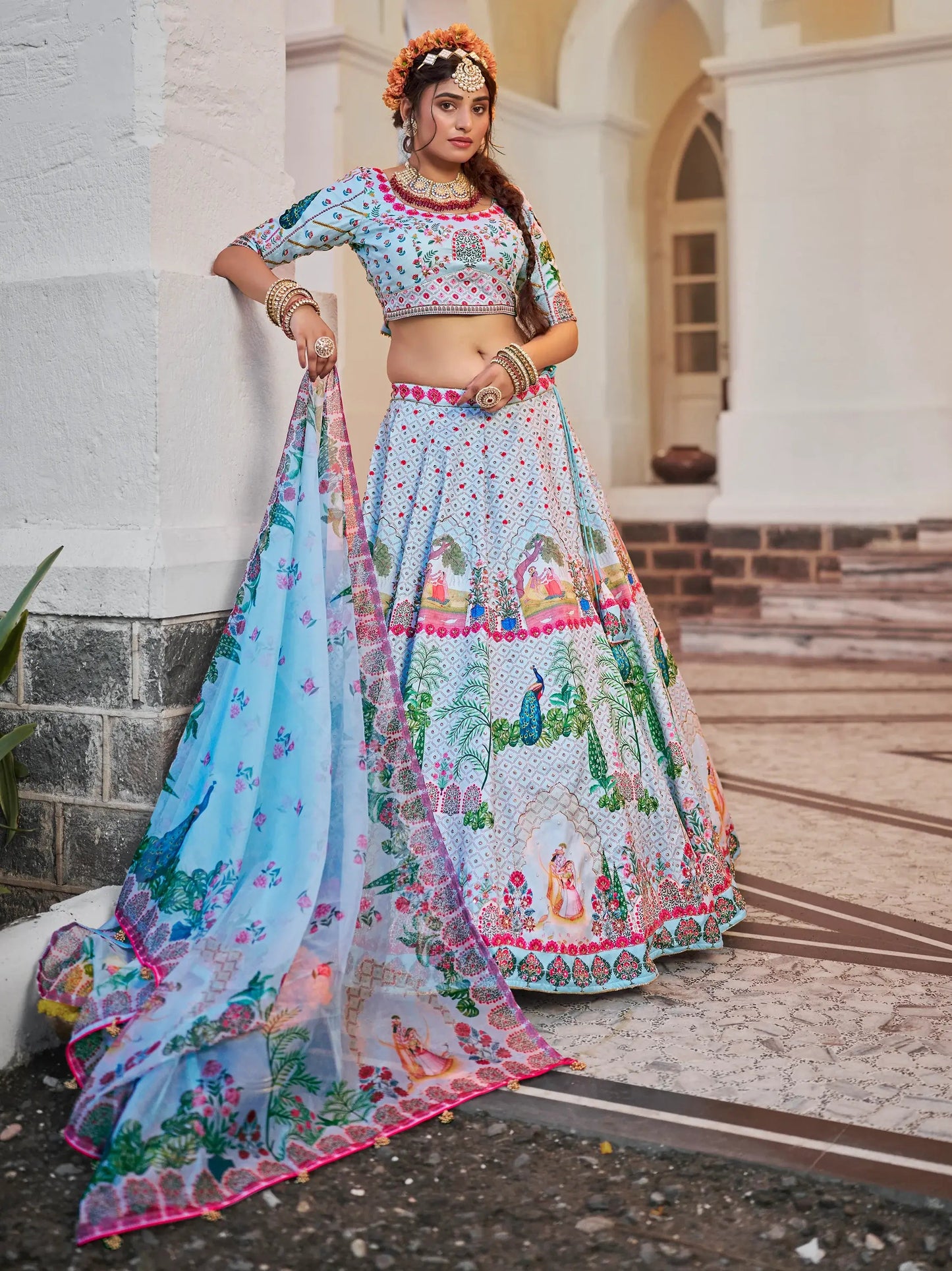 Wonderful Sky-Blue Printed Art Silk Traditional Lehenga Choli - Zeel Clothing
