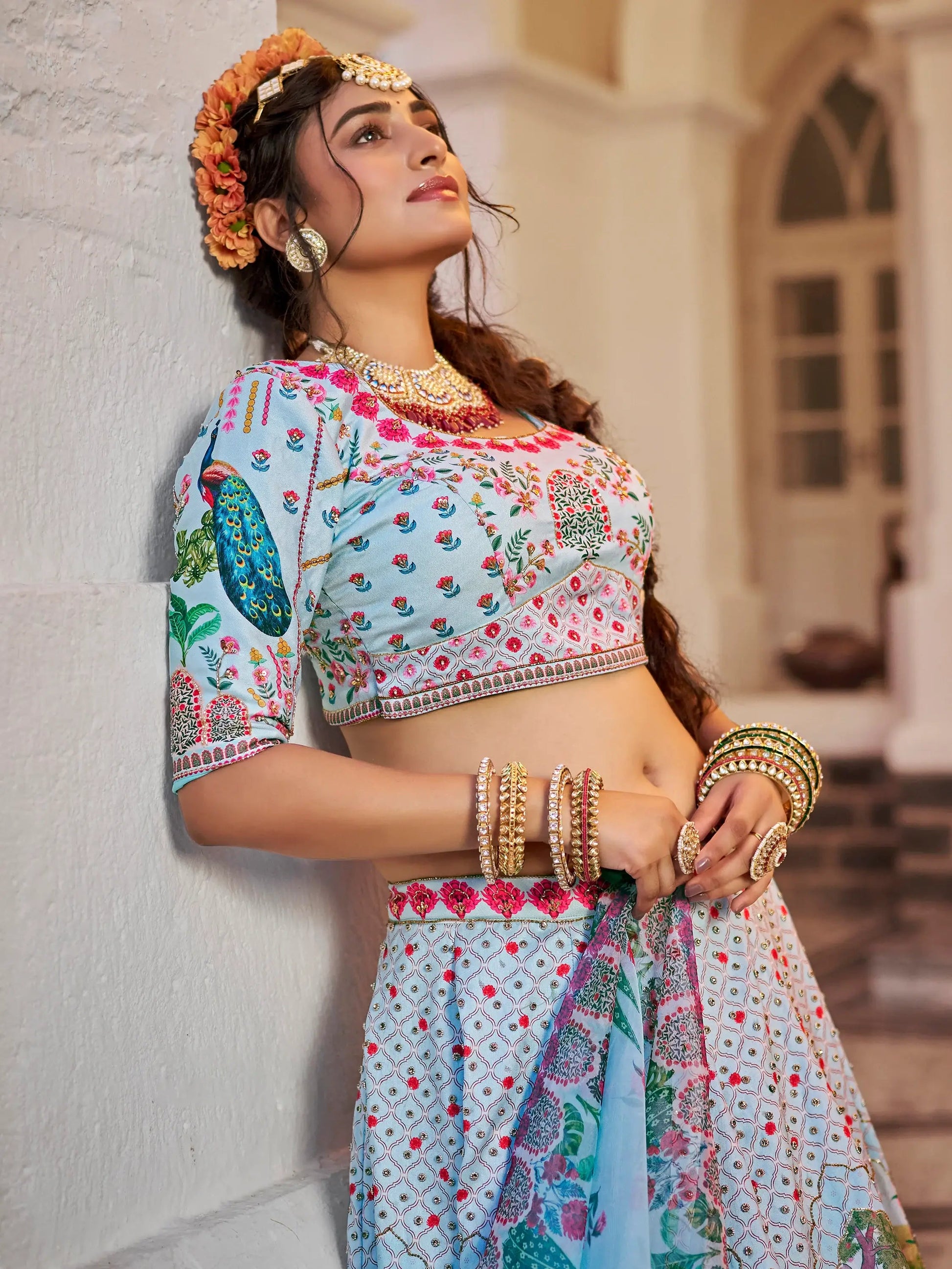 Wonderful Sky-Blue Printed Art Silk Traditional Lehenga Choli - Zeel Clothing