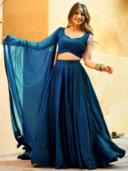 Wonderful Teal Blue Sequins Embroidery Georgette Festive Wear Lehenga Choli - Zeel Clothing