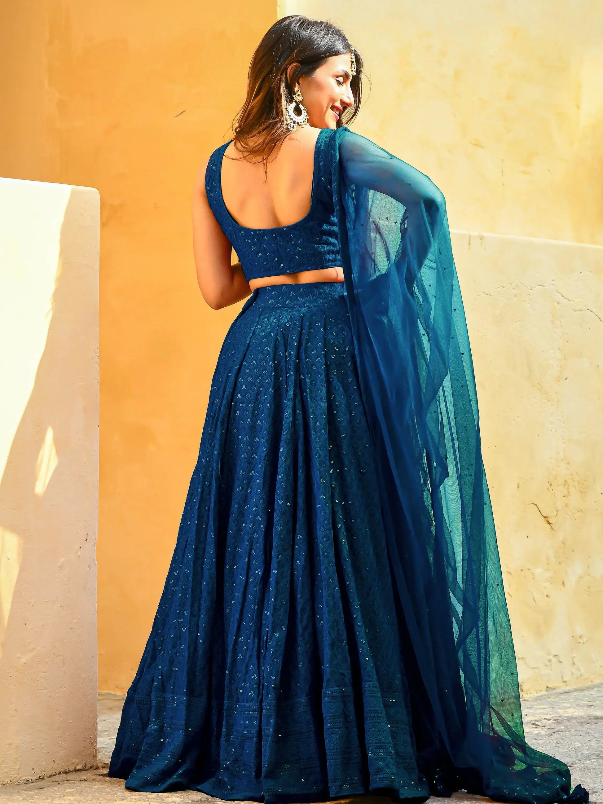 Wonderful Teal Blue Sequins Embroidery Georgette Festive Wear Lehenga Choli - Zeel Clothing