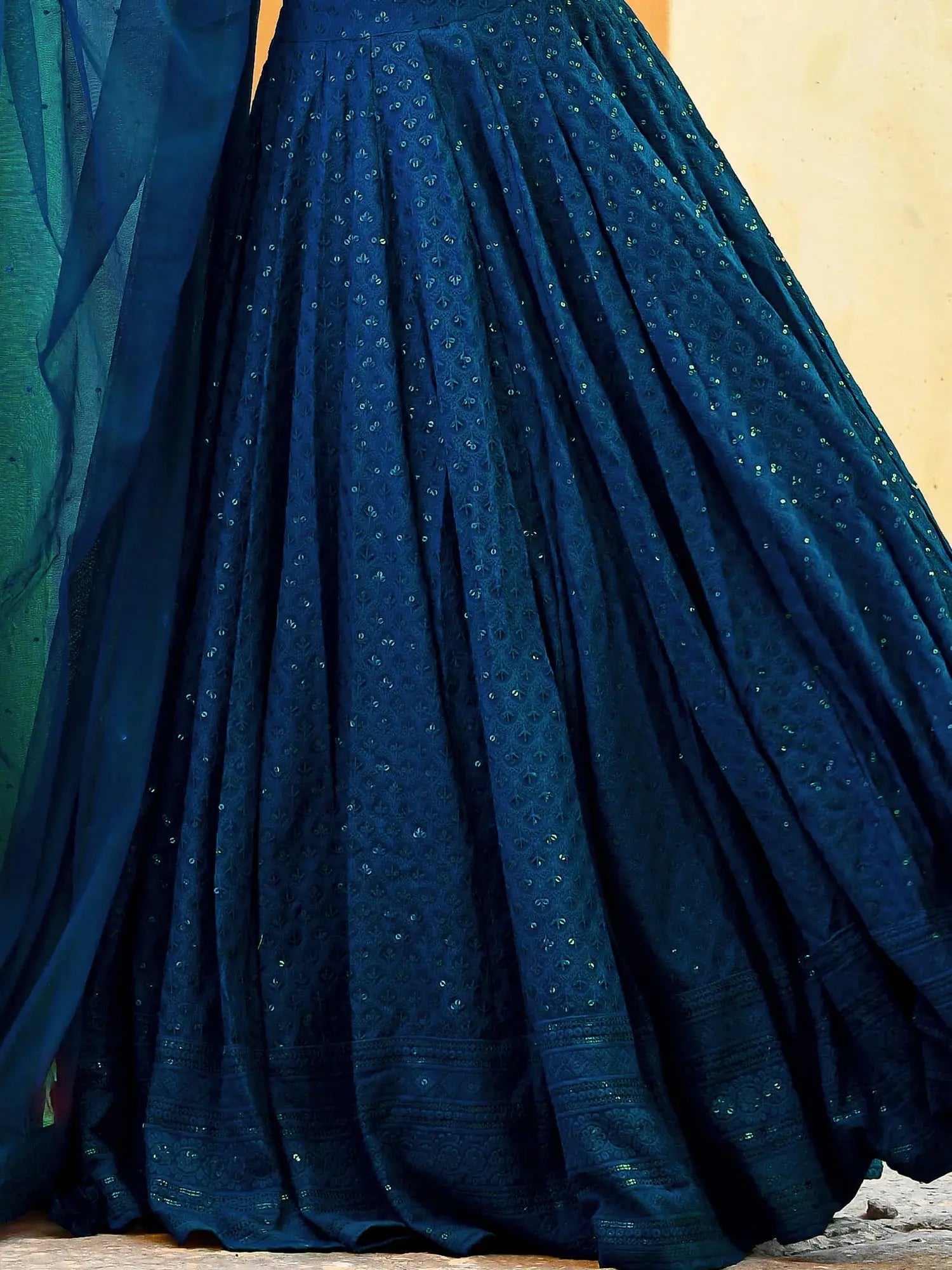 Wonderful Teal Blue Sequins Embroidery Georgette Festive Wear Lehenga Choli - Zeel Clothing