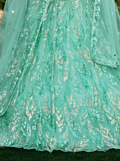 Wonderful Turquoise Sequins Net Reception Wear Lehenga Choli - Zeel Clothing