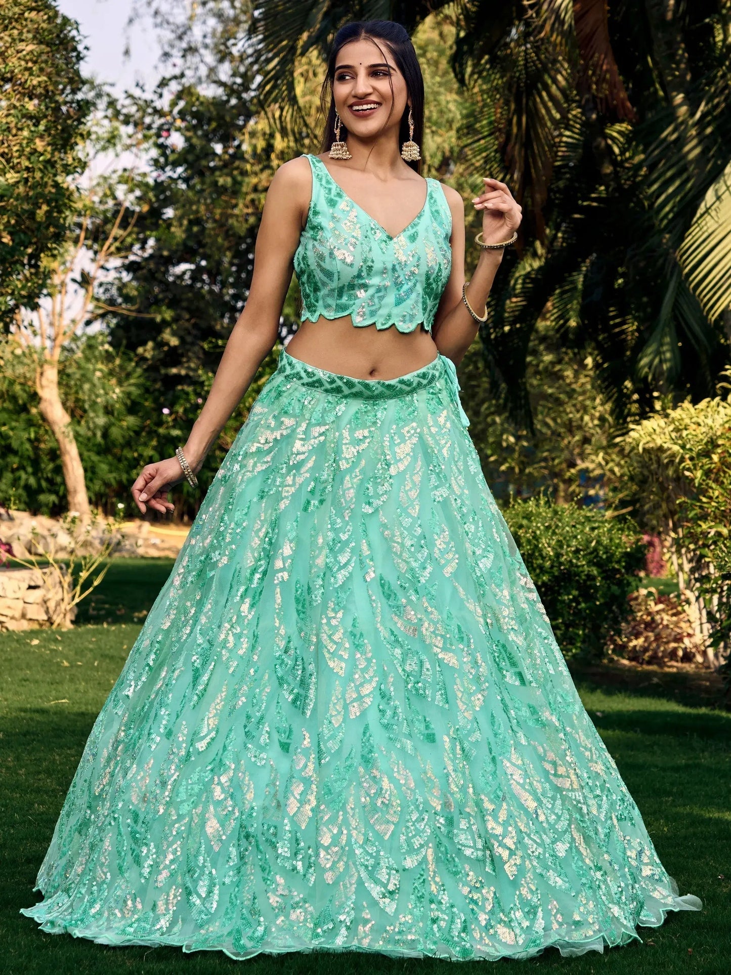 Wonderful Turquoise Sequins Net Reception Wear Lehenga Choli - Zeel Clothing