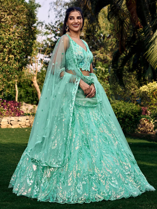 Wonderful Turquoise Sequins Net Reception Wear Lehenga Choli - Zeel Clothing