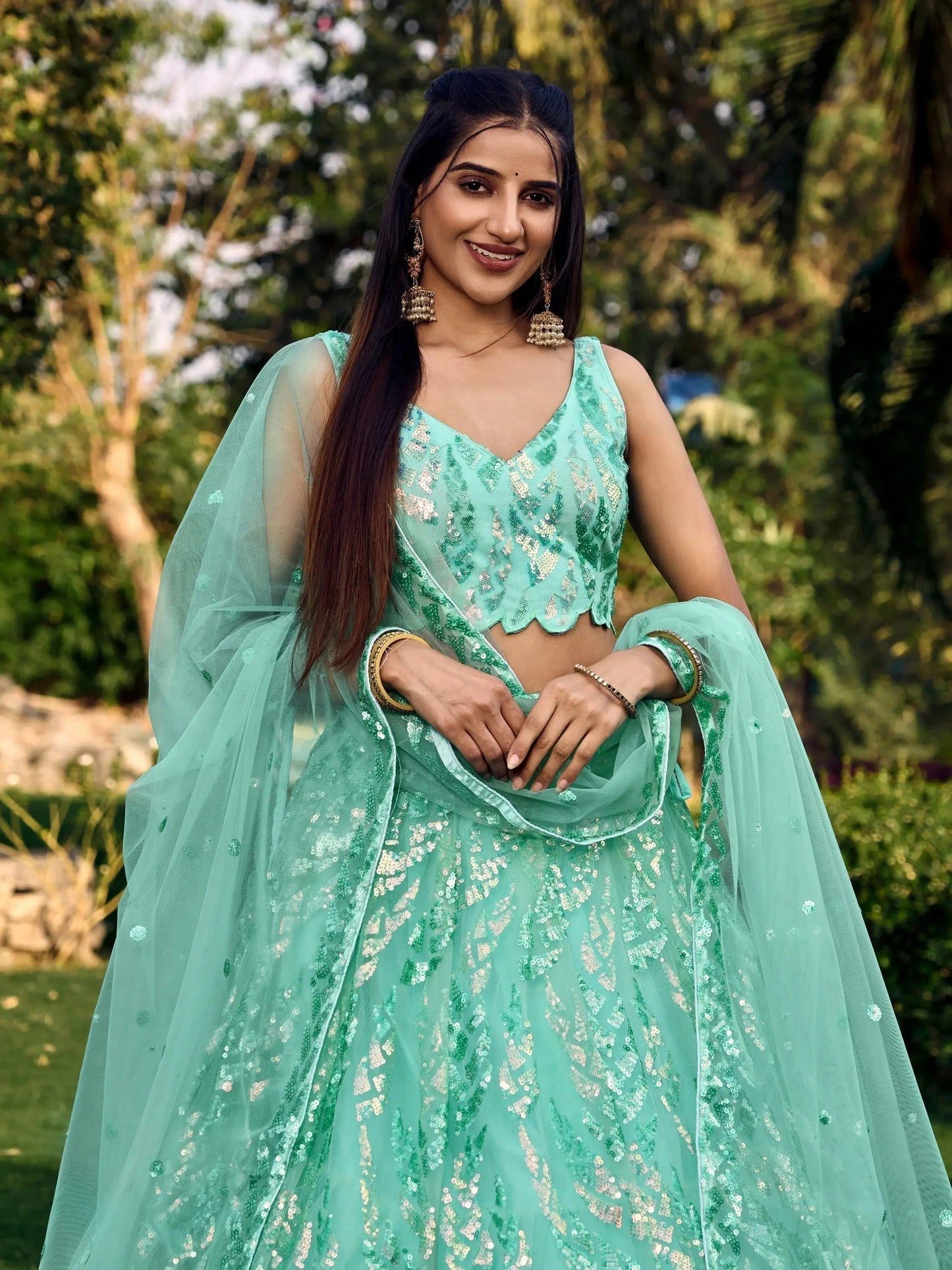 Wonderful Turquoise Sequins Net Reception Wear Lehenga Choli - Zeel Clothing