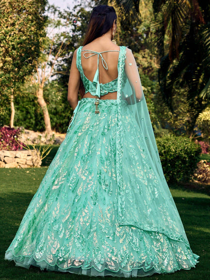 Wonderful Turquoise Sequins Net Reception Wear Lehenga Choli - Zeel Clothing