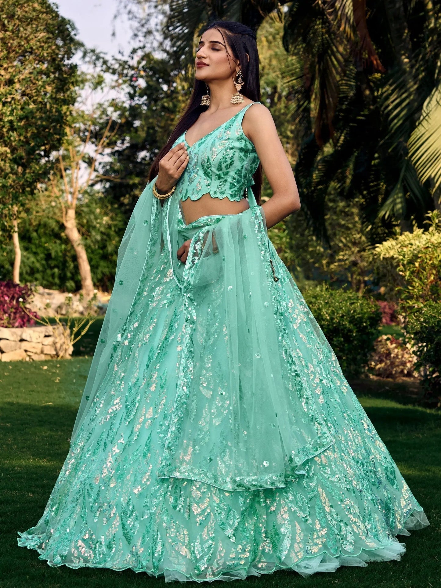 Wonderful Turquoise Sequins Net Reception Wear Lehenga Choli - Zeel Clothing