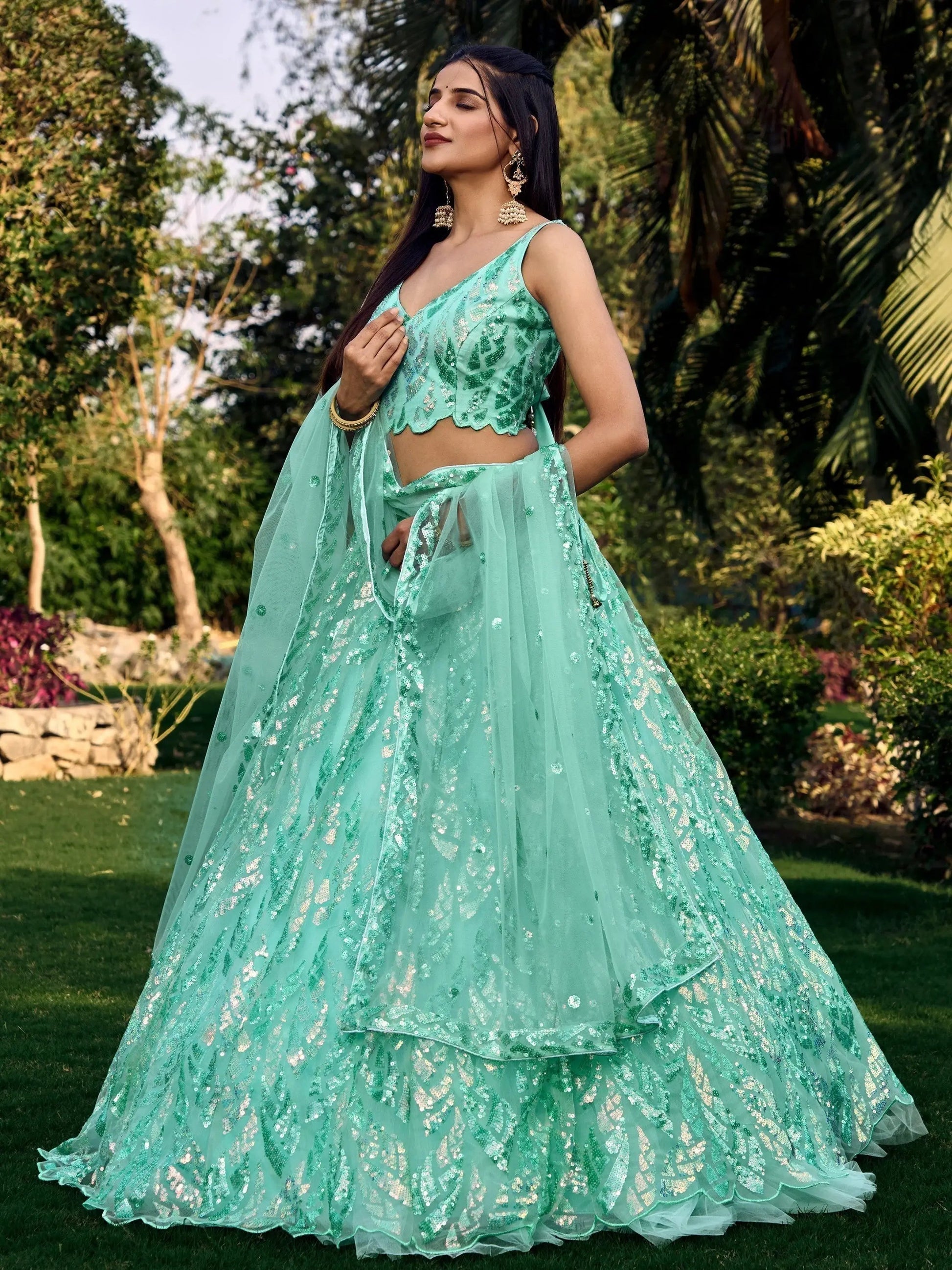 Wonderful Turquoise Sequins Net Reception Wear Lehenga Choli - Zeel Clothing