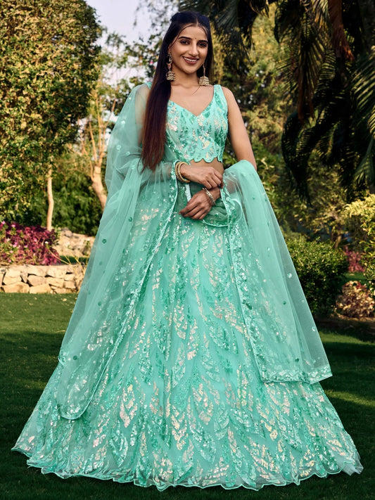 Wonderful Turquoise Sequins Net Reception Wear Lehenga Choli - Zeel Clothing