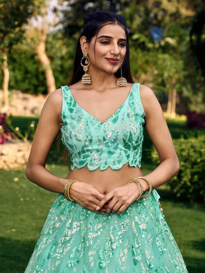 Wonderful Turquoise Sequins Net Reception Wear Lehenga Choli - Zeel Clothing