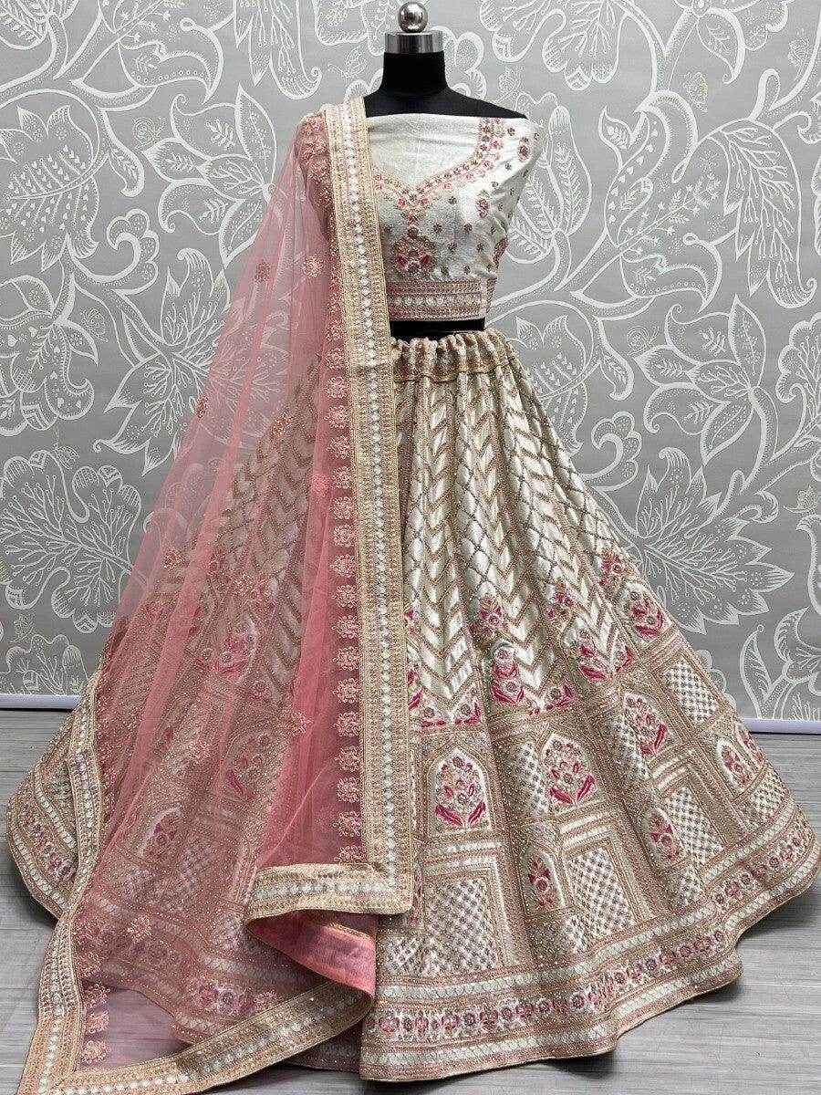 Wonderful White Heavy Embroidered Velvet Bridal Lehenga Choli - Zeel Clothing