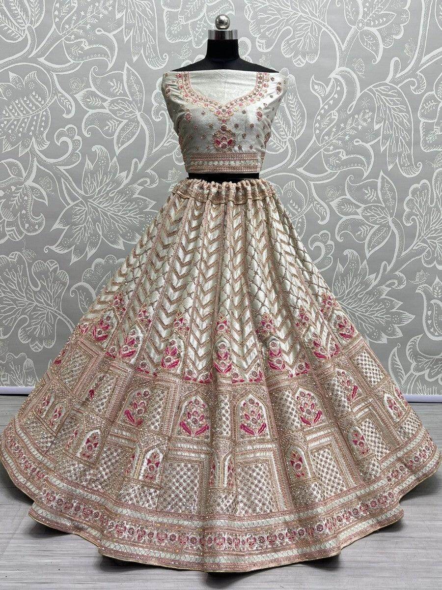 Wonderful White Heavy Embroidered Velvet Bridal Lehenga Choli - Zeel Clothing