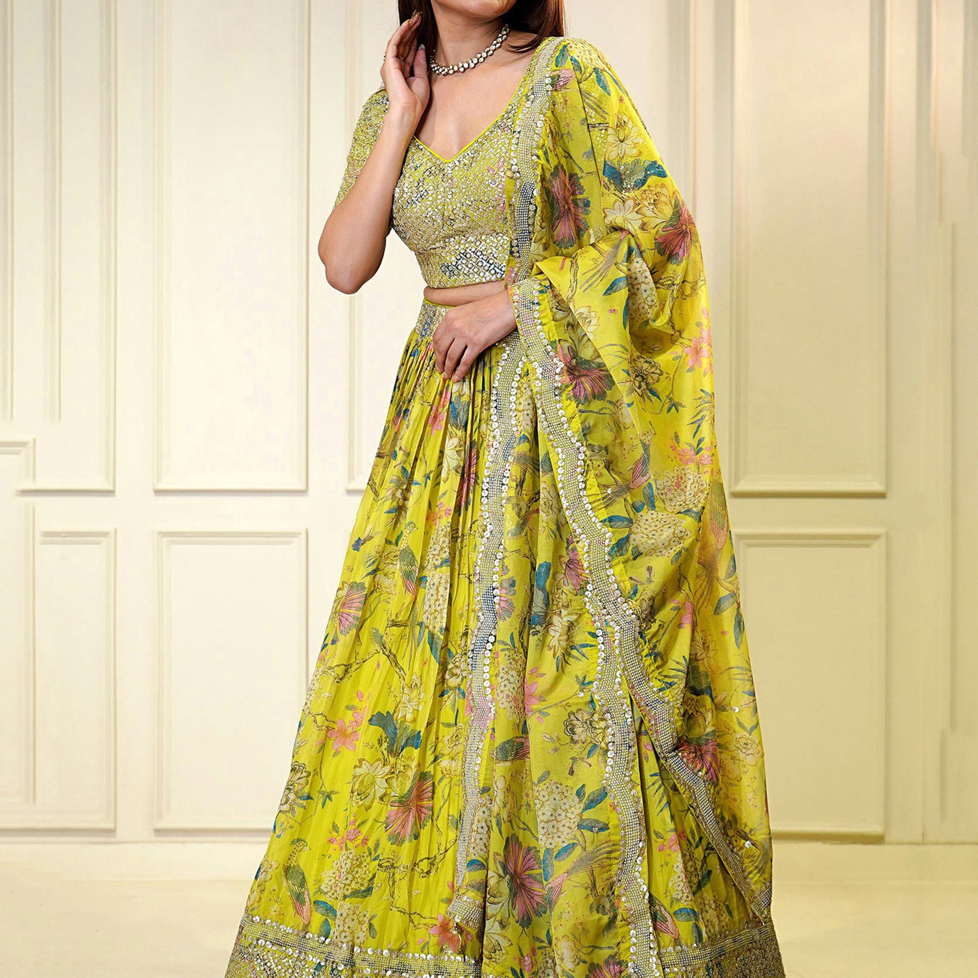 Attractive Yellow Sequins Organza Haldi Wear Lehenga Choli