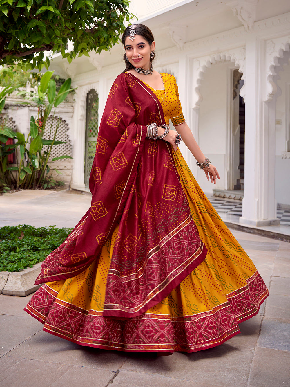Yellow Color Bandhej Print With Gotta Patti Lace Tasar Silk Lehenga Choli