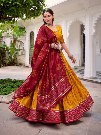 Yellow Color Bandhej Print With Gotta Patti Lace Tasar Silk Lehenga Choli