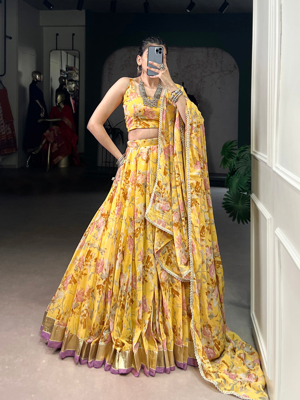 Yellow Color Floral And Foil Print With Embossed Design Chiffon Ghaghra choli