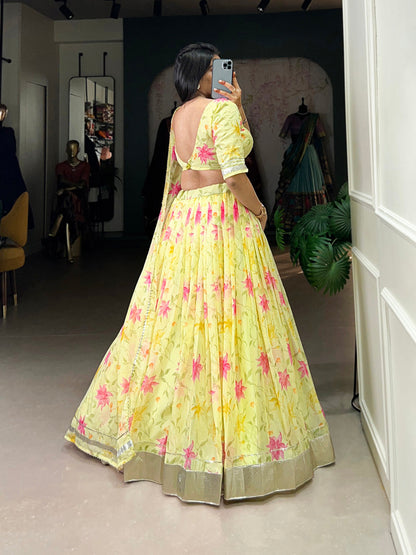 Yellow Color Floral Print With Lace Border Tabby Silk Lehenga Choli