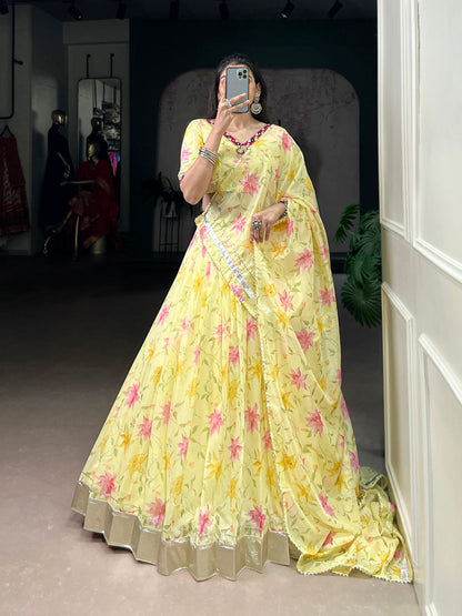 Yellow Color Floral Print With Embossed Design Tabby Silk Chaniya Choli