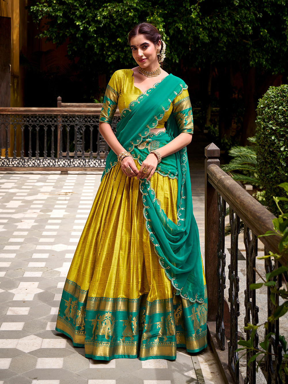 Yellow Color Zari Weaving Work Poly Cotton Lehenga Choli