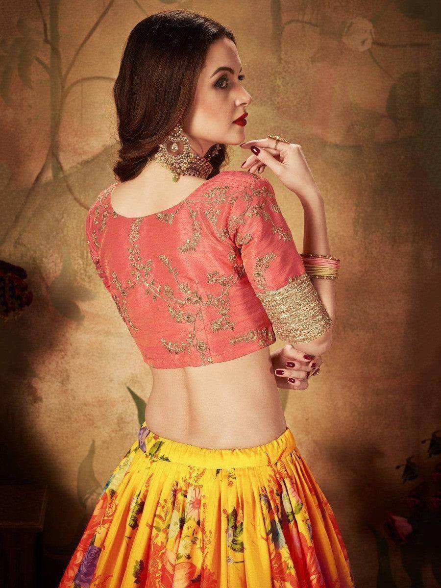 Yellow Digital Printed Organza Silk Wedding Lehenga Choli With Orange Blouse - Zeel Clothing